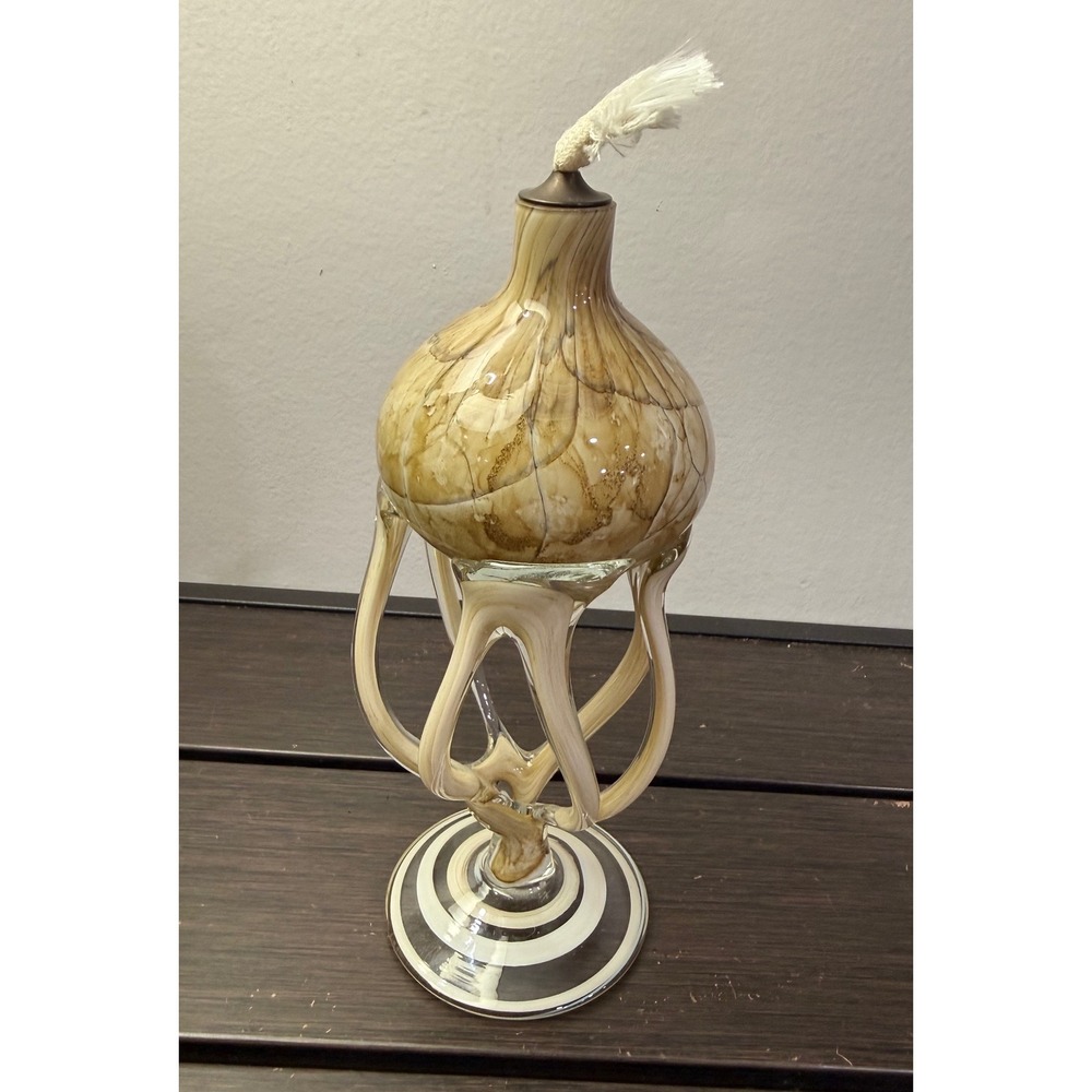 Jozefina Krosno Polish Art Glass Jellyfish‎ Oil Lamp Marbled Swirl Pedestal 8in